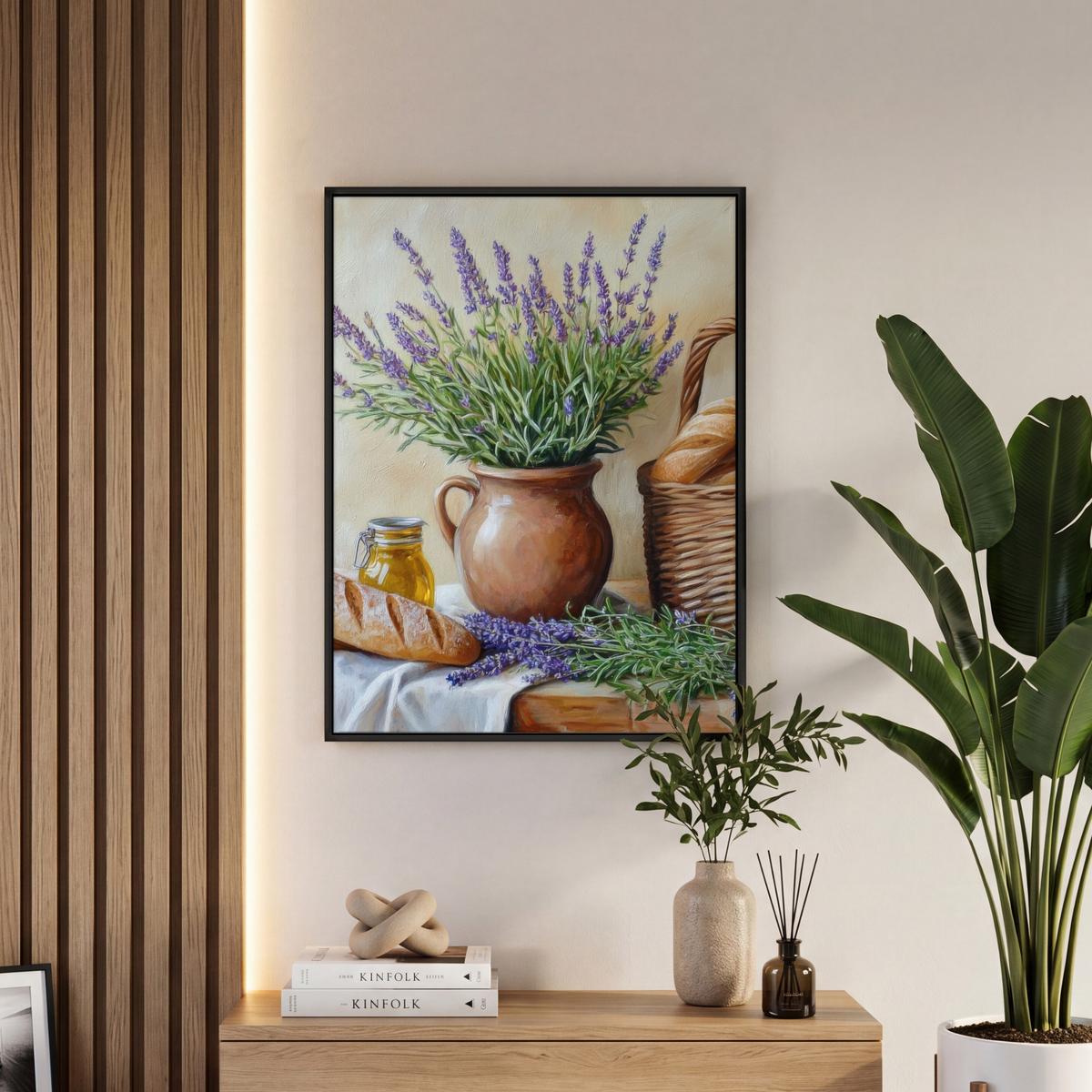 LEINWAND Bilder mit Rahmen - Lavendel - Brot - Stilleben - 60x80 - Flieder, Textil (60/80cm) - MuchoWow