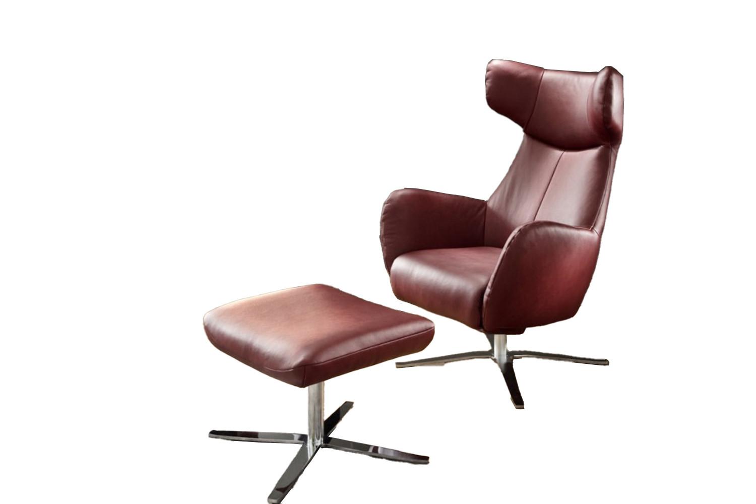 DREHSESSEL INKL. HOCKER RANDY Rot Leder Drehbar (180°) - Rot/Silberfarben, Leder (79/117/96cm) - KAWOLA