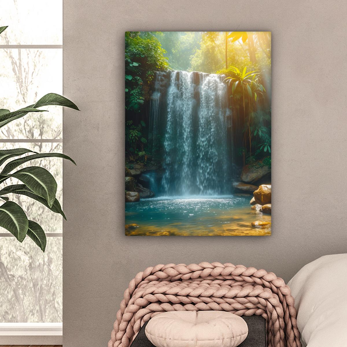 LEINWANDBILD Wasserfall - Dschungel - Sonne - Grün - Natur Wandbild Wohnzimmer 60x80 cm - Grün, Textil (60/80cm) - MuchoWow