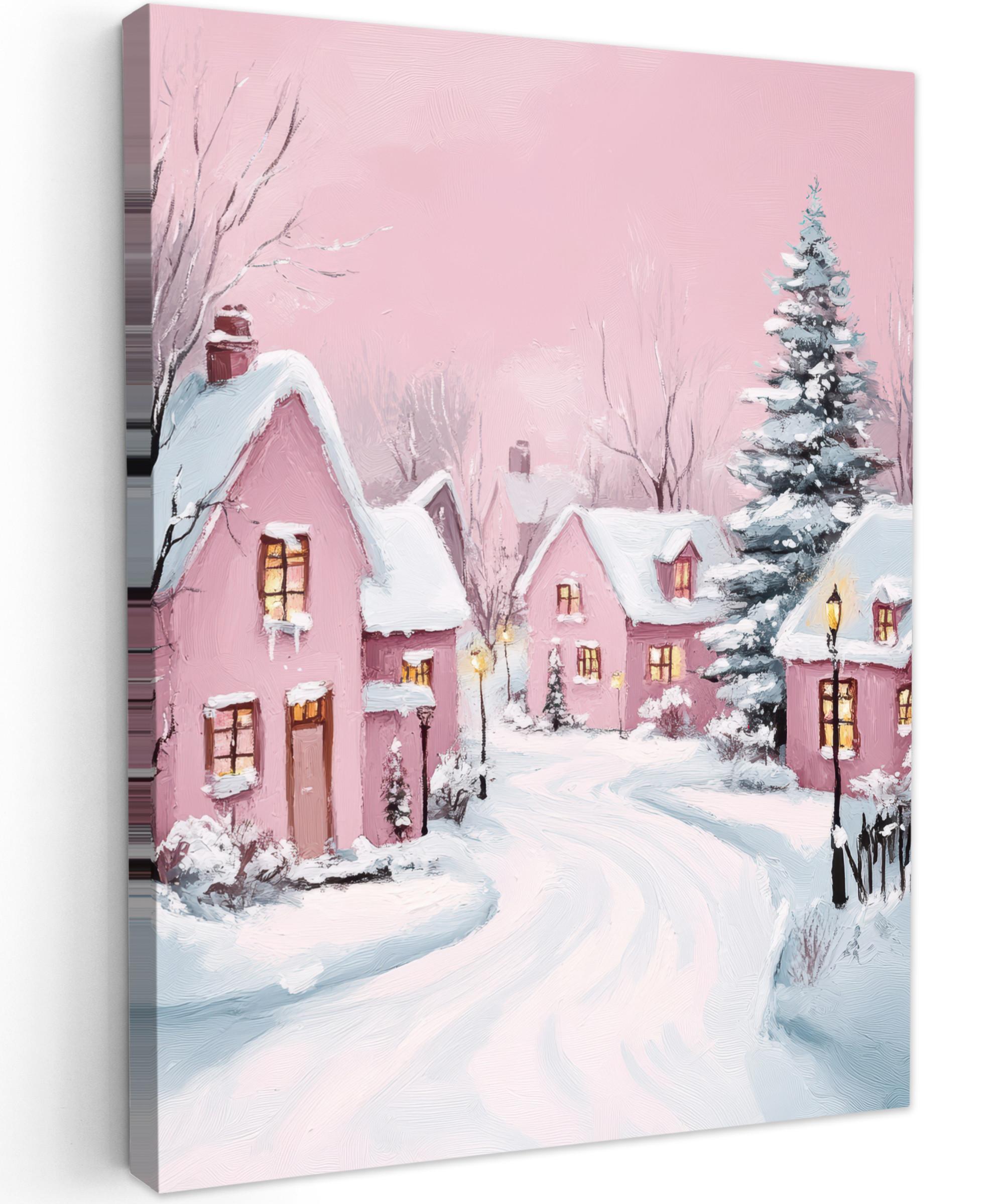 LEINWANDBILD Weihnachtsdorf - Rosa - Winter - Schnee - Häuser Room Decor 30x40 cm - Altrosa, Textil (30/40cm) - MuchoWow