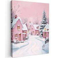 LEINWANDBILD Weihnachtsdorf - Rosa - Winter - Schnee - Häuser Wandbild Wohnzimmer 60x80 cm - Altrosa, Textil (60/80cm) - MuchoWow