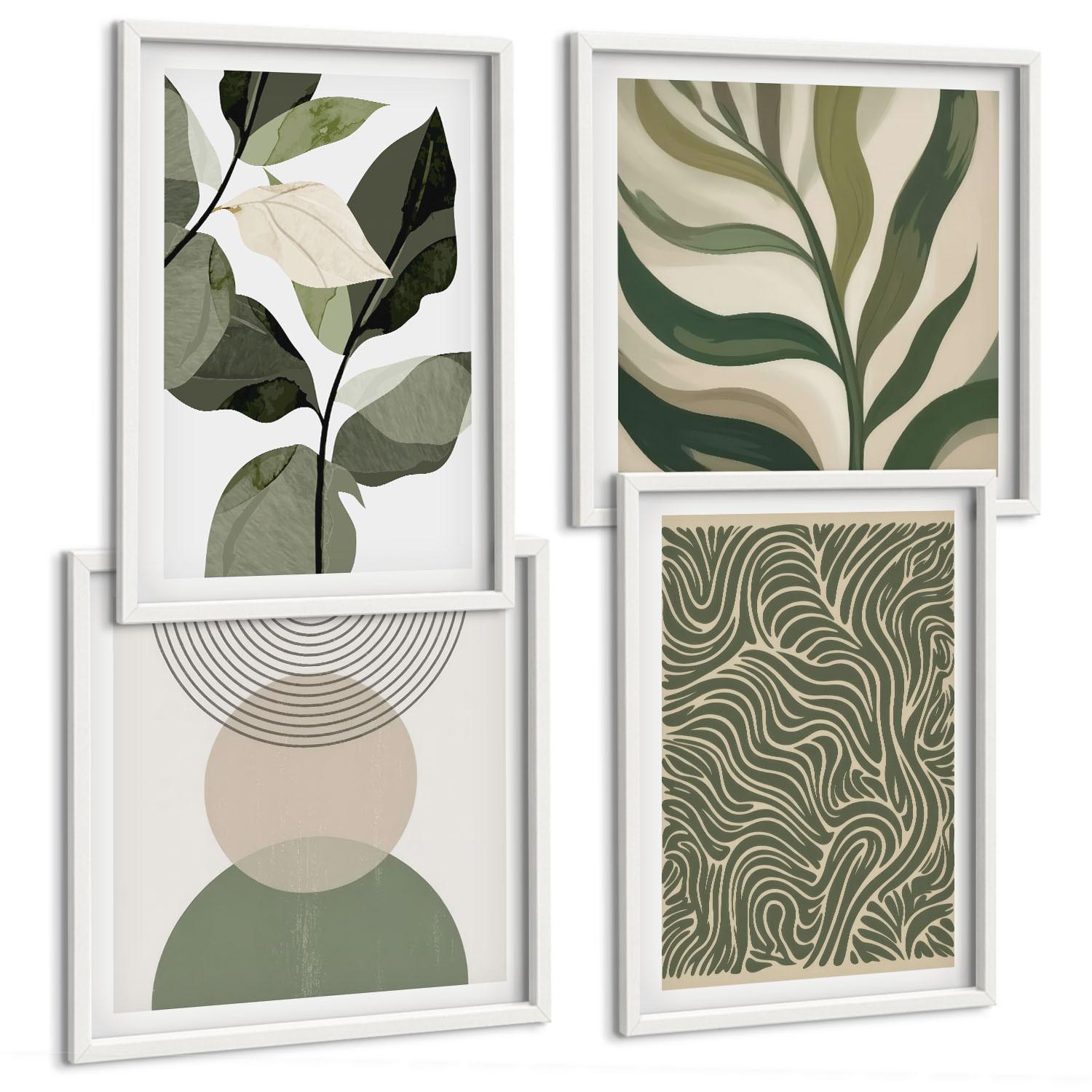 BILDER SET 4er Set - 50x50 cm & 40x60 cm Weißer Rahmen - Blätter geometrische Formen abstrakt - Weiß, Kunststoff (50/50cm) - TULUP