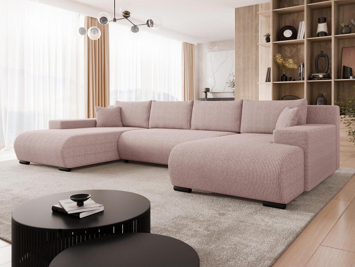 WOHNLANDSCHAFT Nojan U Cord - Hellrosa/Schwarz, Holz/Kunststoff (351/80/191cm) - MIRJAN24