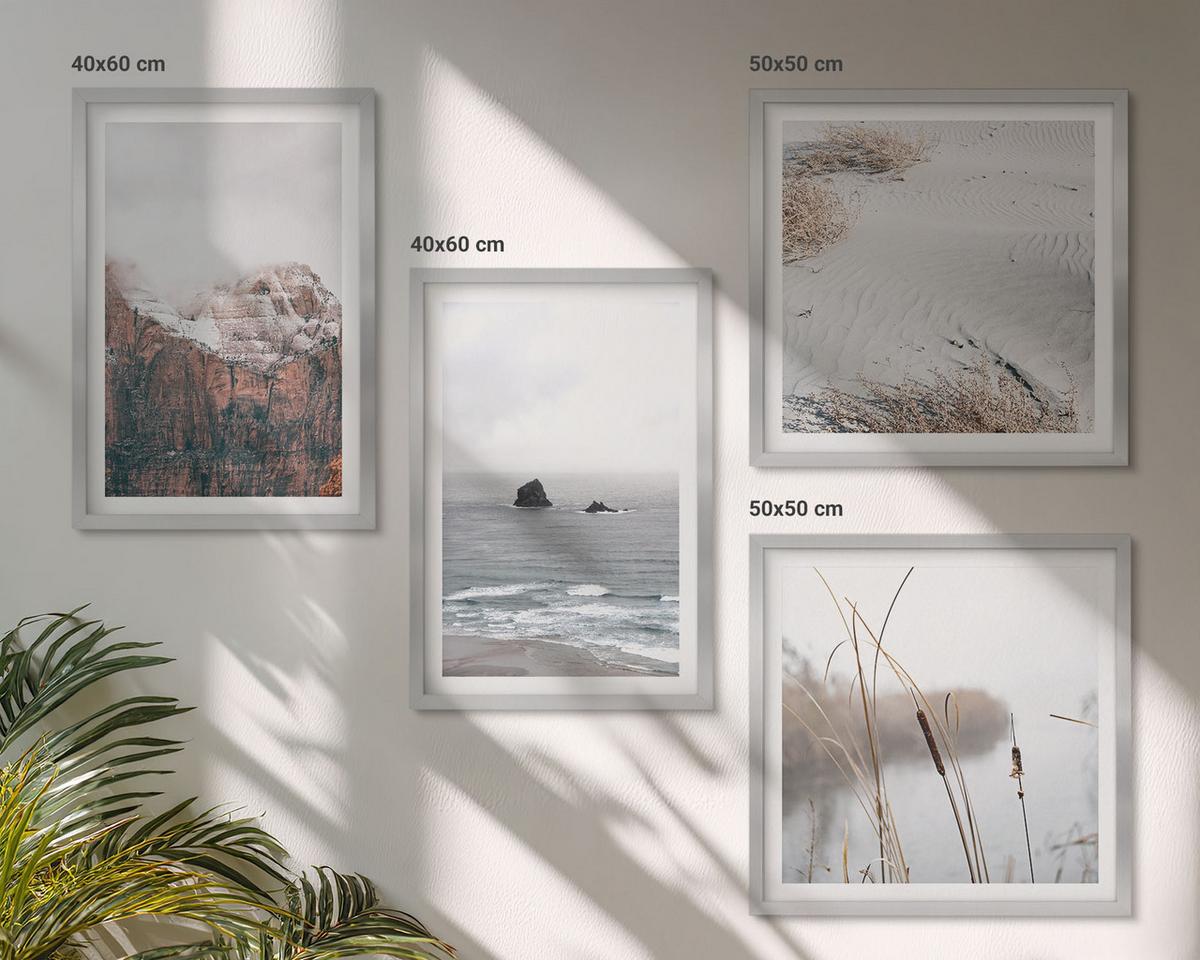 BILDER SET 4er Set - 50x50 cm & 40x60 cm Silberner Rahmen - Abstrakte Wellen, graue Pastellfarben - Silberfarben, Kunststoff (50/50cm) - TULUP