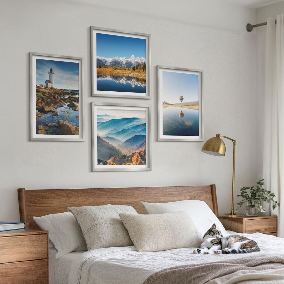 BILDER SET 4er Set - 50x50 cm & 40x60 cm Silberner Rahmen - Ausblicke auf die Natur, Leuchtturm, Berge - Silberfarben, Kunststoff (50/50cm) - TULUP