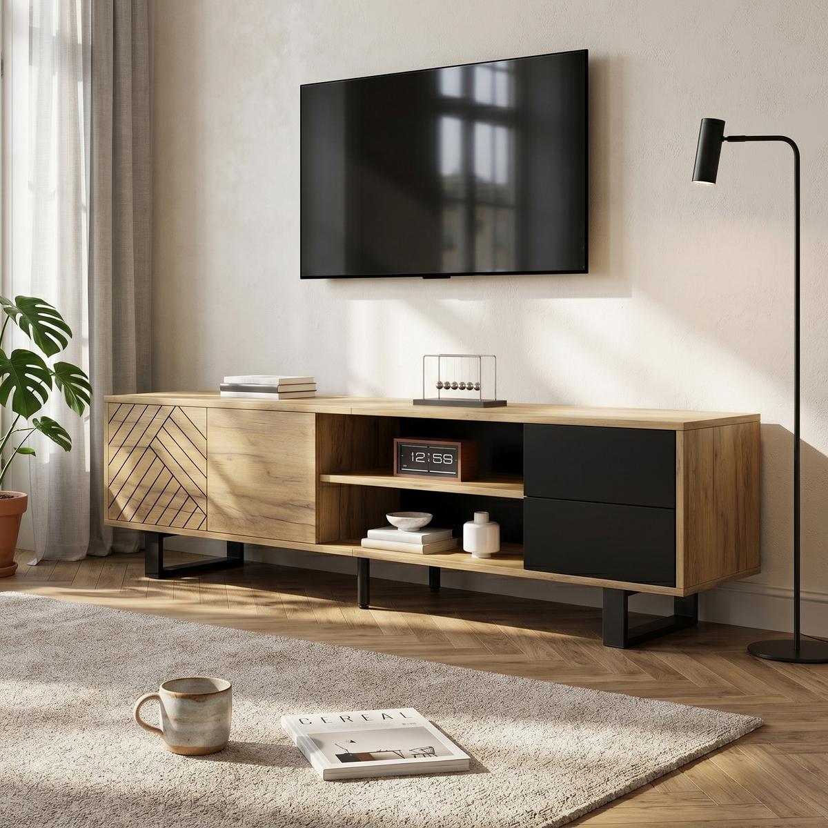 TV-LOWBOARD 180cm Holzoptik & Schwarz für 75-Zoll TV mit 2 Schubladen & Metallbeinen - Naturfarben, Holzwerkstoff (180/50/40cm) - Urban Meuble