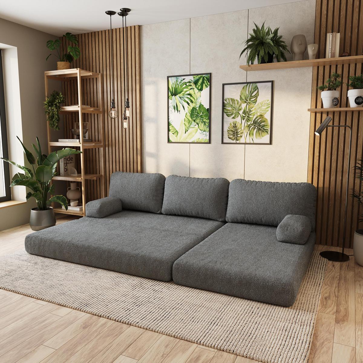 ECKSOFA LEA modulares Boneless Sofa mit Schlaffunktion Grau Boucle-Stoff - Grau, Textil (270/160cm) - MASSENO