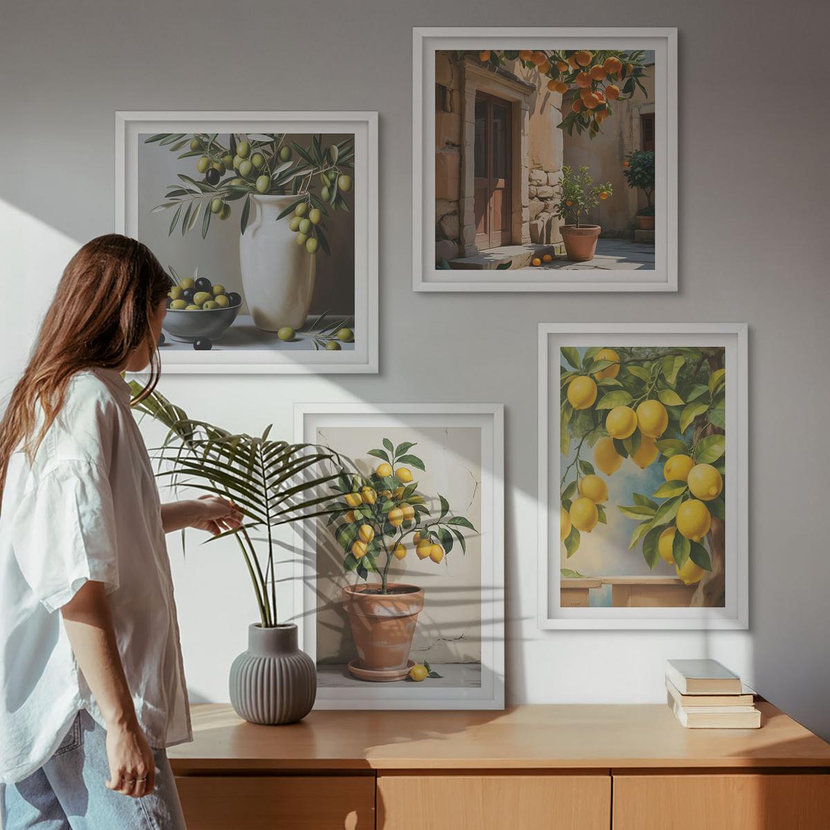 BILDER SET 4er Set - 50x50 cm & 40x60 cm Weißer Rahmen - Zitronenbäume im Topf - Weiß, Kunststoff (50/50cm) - TULUP