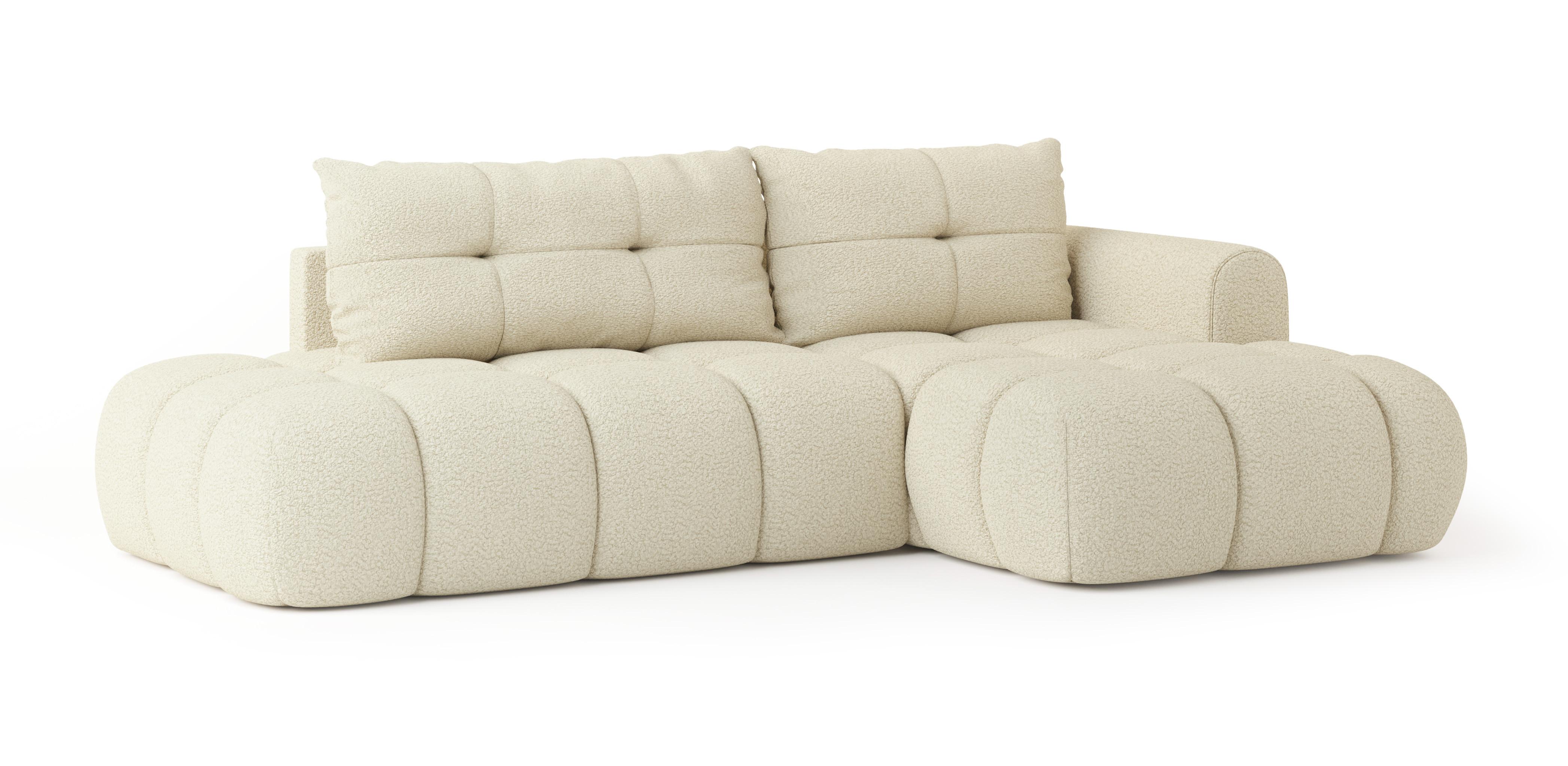 ECKSOFA FLUMA R-S Creme Boucle-Stoff mit Schlaffunktion - Creme, Holz (279/158cm) - MASSENO