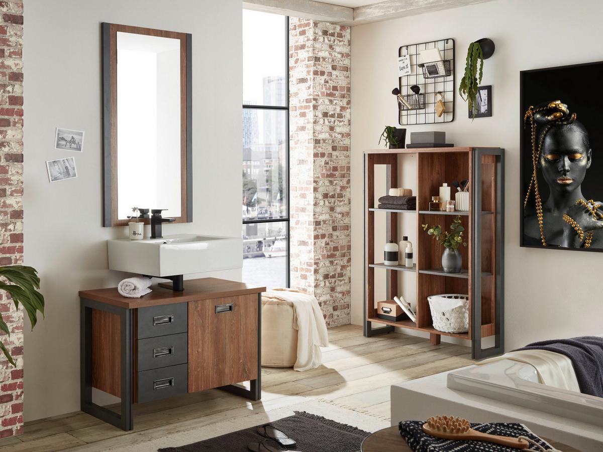 WASCHBECKENUNTERSCHRANK Eiche Stirling, Matera grau, Badmöbel Unterschrank 81 x 62 cm - Eichefarben/Grau, Holz/Holzwerkstoff (81/62/40cm)