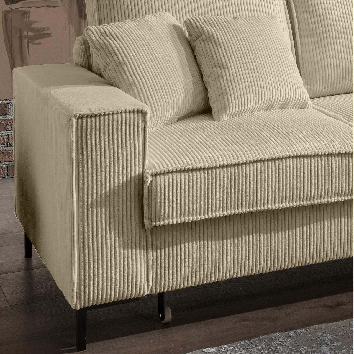 ECKSOFA mit Schlaffunktion, Bettkasten, Wellenunterfederung, Récamiere rechts B240/T150/H92 cm, Liegefl. 125x198 cm, Cord Beige Grau / 17220 - Greige/Schwarz, Textil/Metall (240/150cm) - luma-home