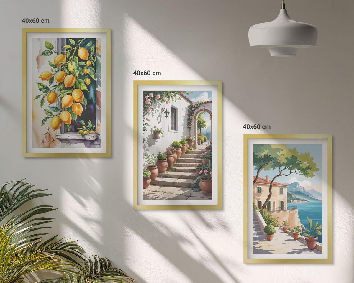 BILDER SET 3er Set - 40x60 cm Goldrahmen - Zitronen, Blumen, Meerblick - Goldfarben, Kunststoff (40/60cm) - TULUP