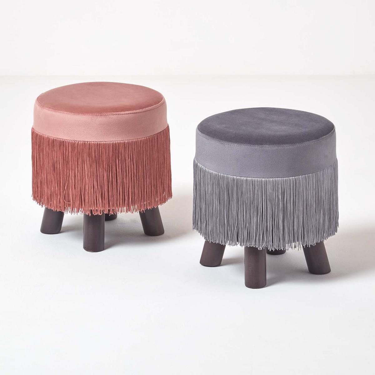 SAMT-HOCKER Warwick grau, Dreibein mit Fransen 32/32/35 cm - Grau, Textil (32/35/32cm) - Homescapes