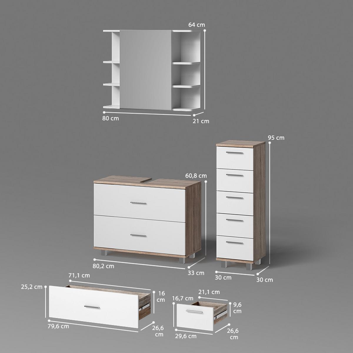 BADMÖBEL-SET Eisak Weiß/Sonoma 3 Teile, mit Unterschrank 80 cm - Weiß/Sonoma Eiche, Holzwerkstoff (80/60/33cm) - Livinity®