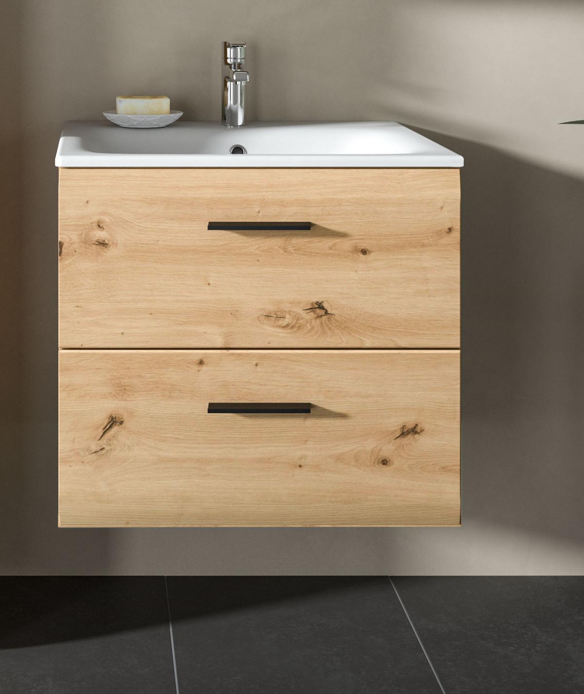 WASCHTISCH inklusive Waschbecken, Waschbeckenunterschrank Eiche hängend 60 cm - Schwarz/Eiche Artisan, Keramik/Holzwerkstoff (60/55/46cm) - Inn.Furn