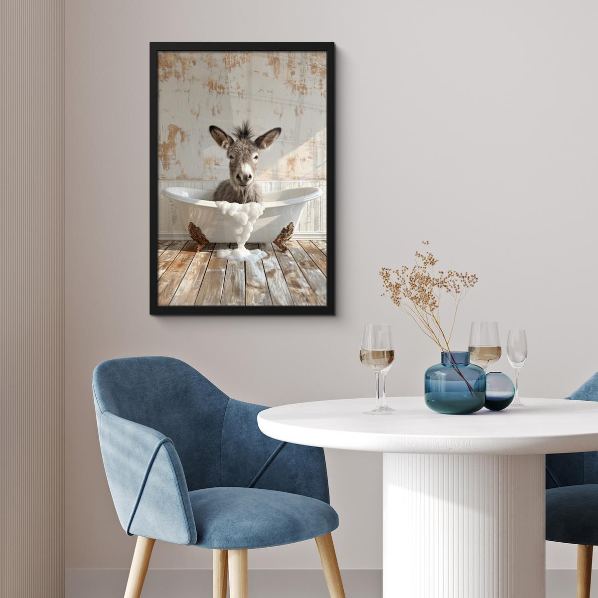 POSTER MIT RAHMEN Esel - Tiere - Badewanne - Schaumstoff Bilder mit Rahmen 40x60 cm - Weiß, Papier (40/60cm) - MuchoWow