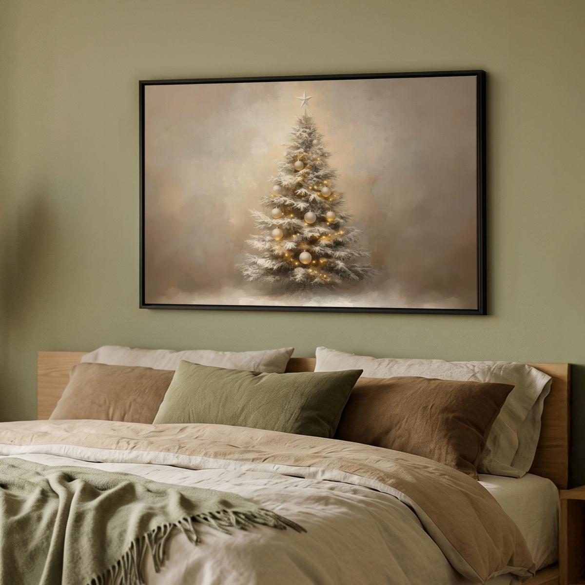 LEINWAND Bilder mit Rahmen - Weihnachten - Weihnachtsbaum - Schnee - Kunst - 90x60 - Champagner, Textil (90/60cm) - MuchoWow