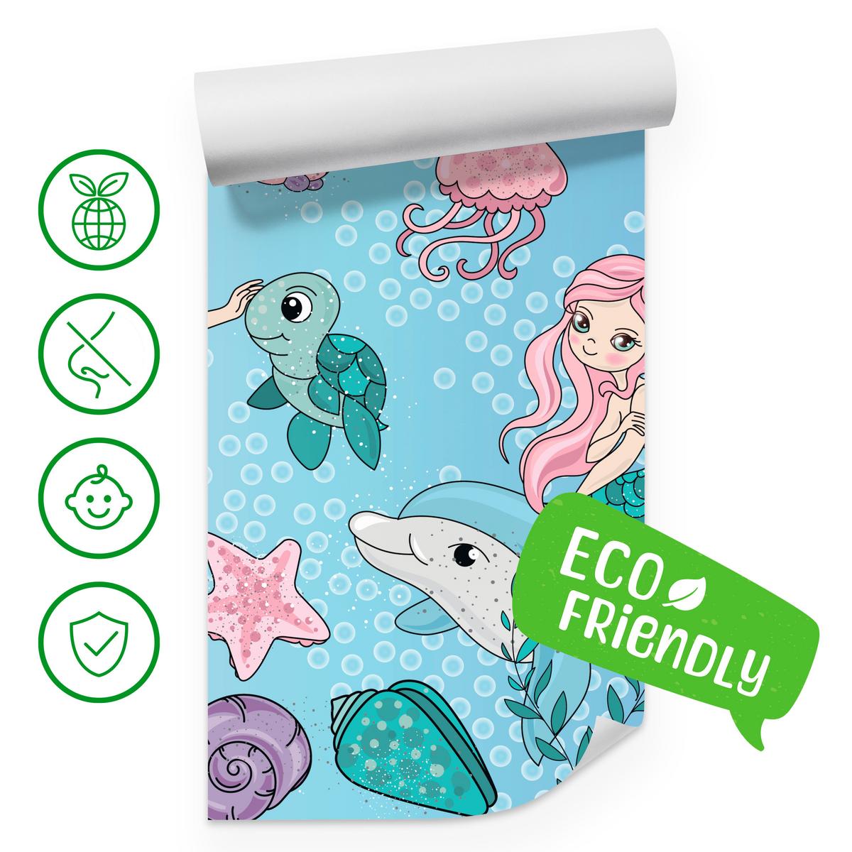 FOTOTAPETE für Kinderzimmer Meerjungfrauen Delfine Fische Muscheln Qualle Schildkröte 350x256 - Multicolor, Papier (350/256cm) - Muralo