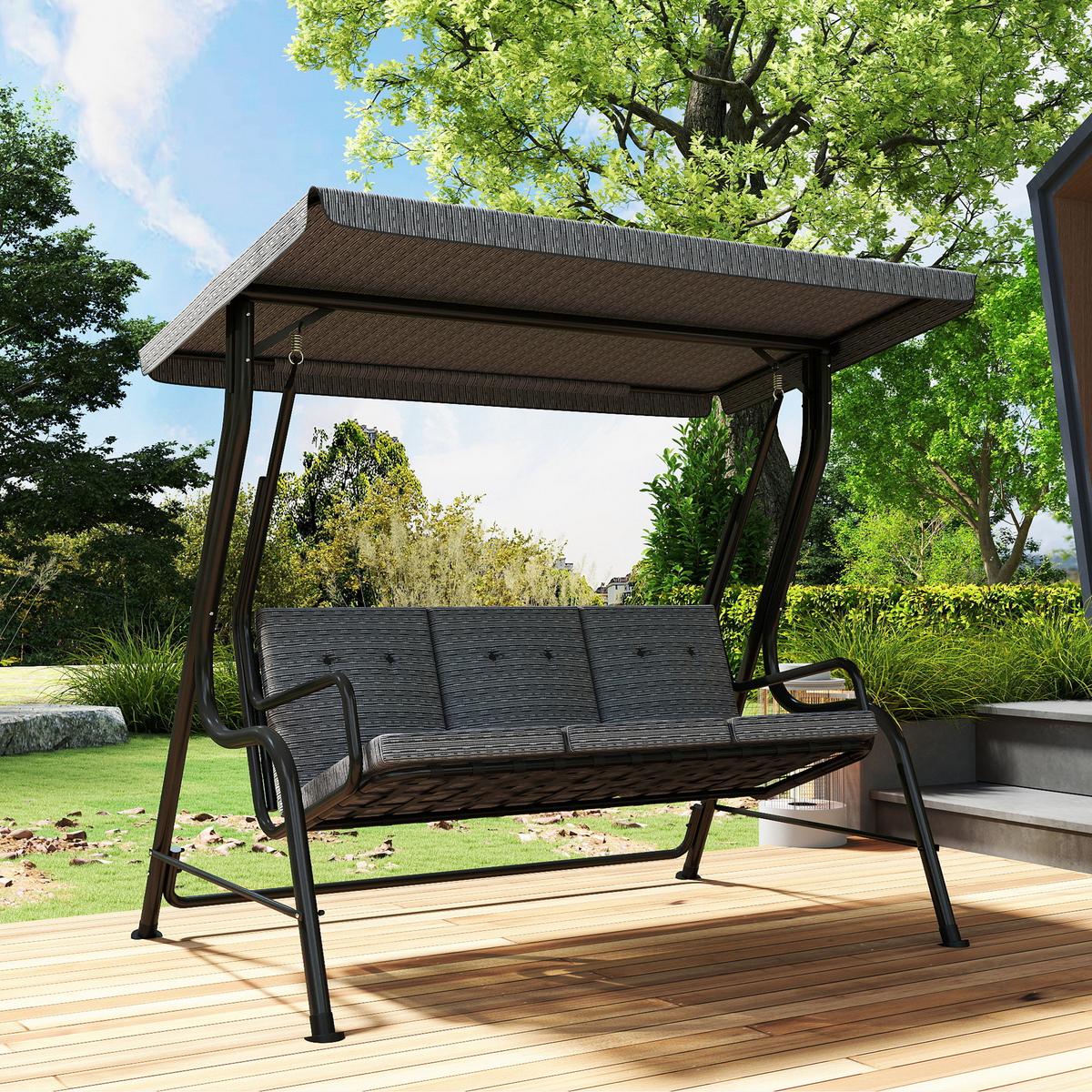 HOLLYWOODSCHAUKEL, Verstellbares Sonnendach, Texteline, Grau, 200 x 120 x 170 cm - Schwarz, Metall (120/170/200cm) - Outsunny