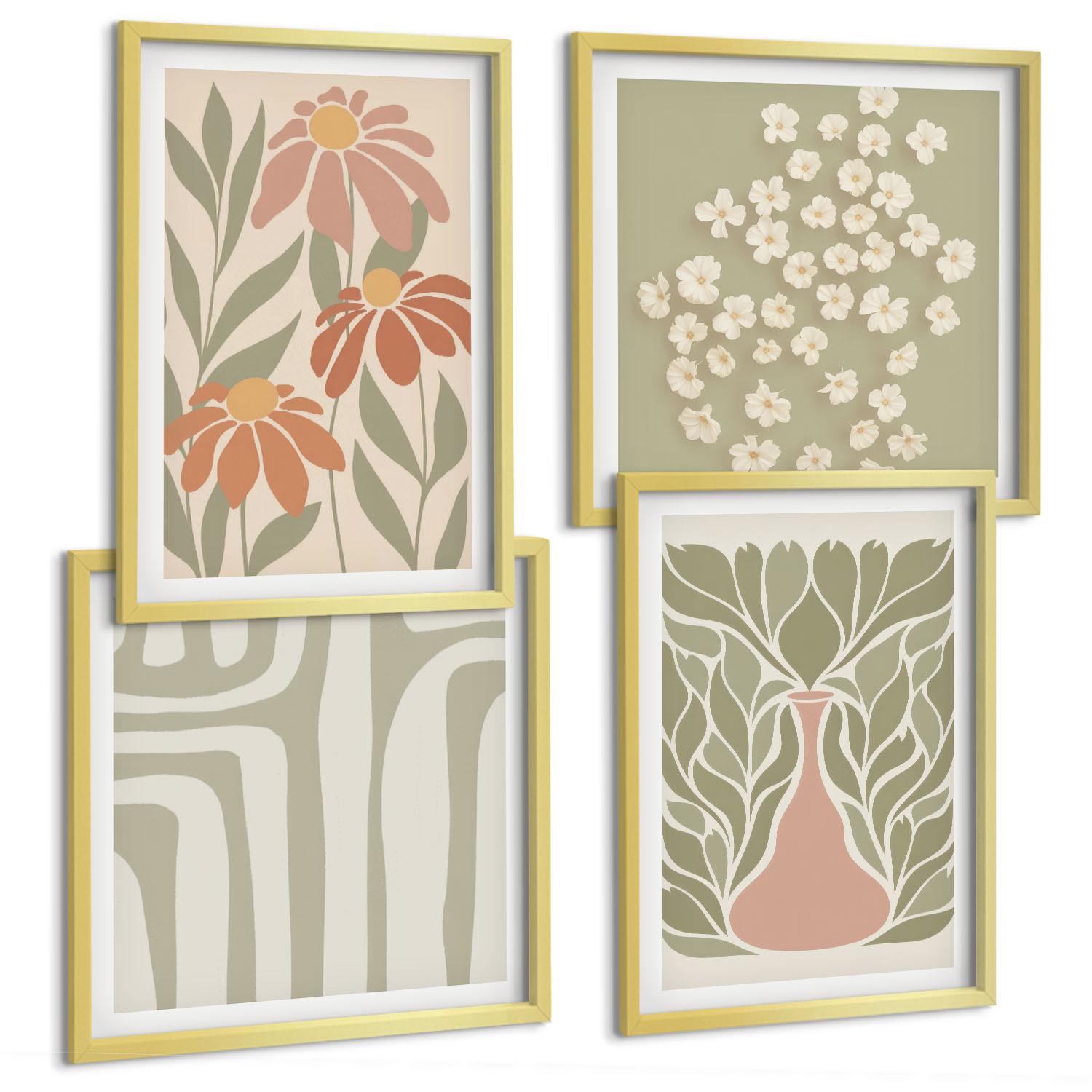 BILDER SET 4er Set - 50x50 cm & 40x60 cm Goldrahmen - Floraler minimalistischer Boho-Stil - Goldfarben, Kunststoff (50/50cm) - TULUP