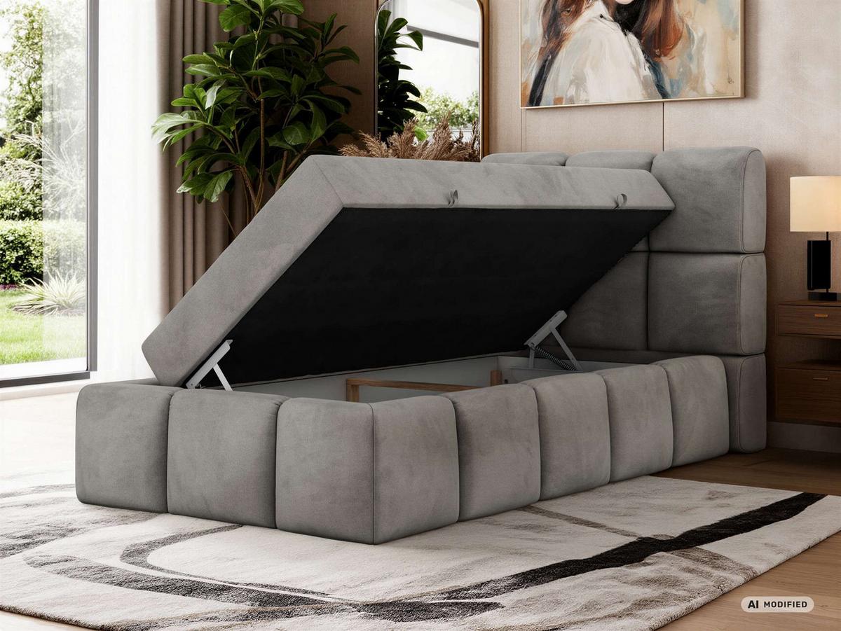 BOXBETT NIRA 90/200 - Hellgrau Velvet - Topper Visco - H3 - Hellgrau/Schwarz, Kunststoff/Textil (200/90cm) - MKS