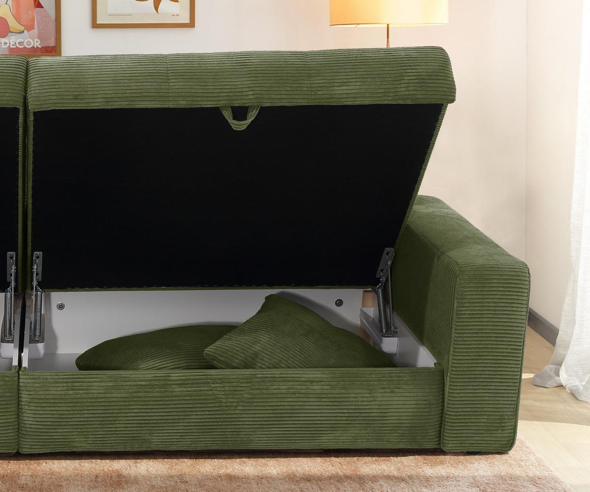 BIG-SOFA mit 2 Bettkästen, viel Stauraum, B274/T113/H84 cm, Liegefläche 103x241 cm, Cord Grün / 15262 - Schwarz/Grün, Kunststoff/Textil (284/84/113cm) - luma-home