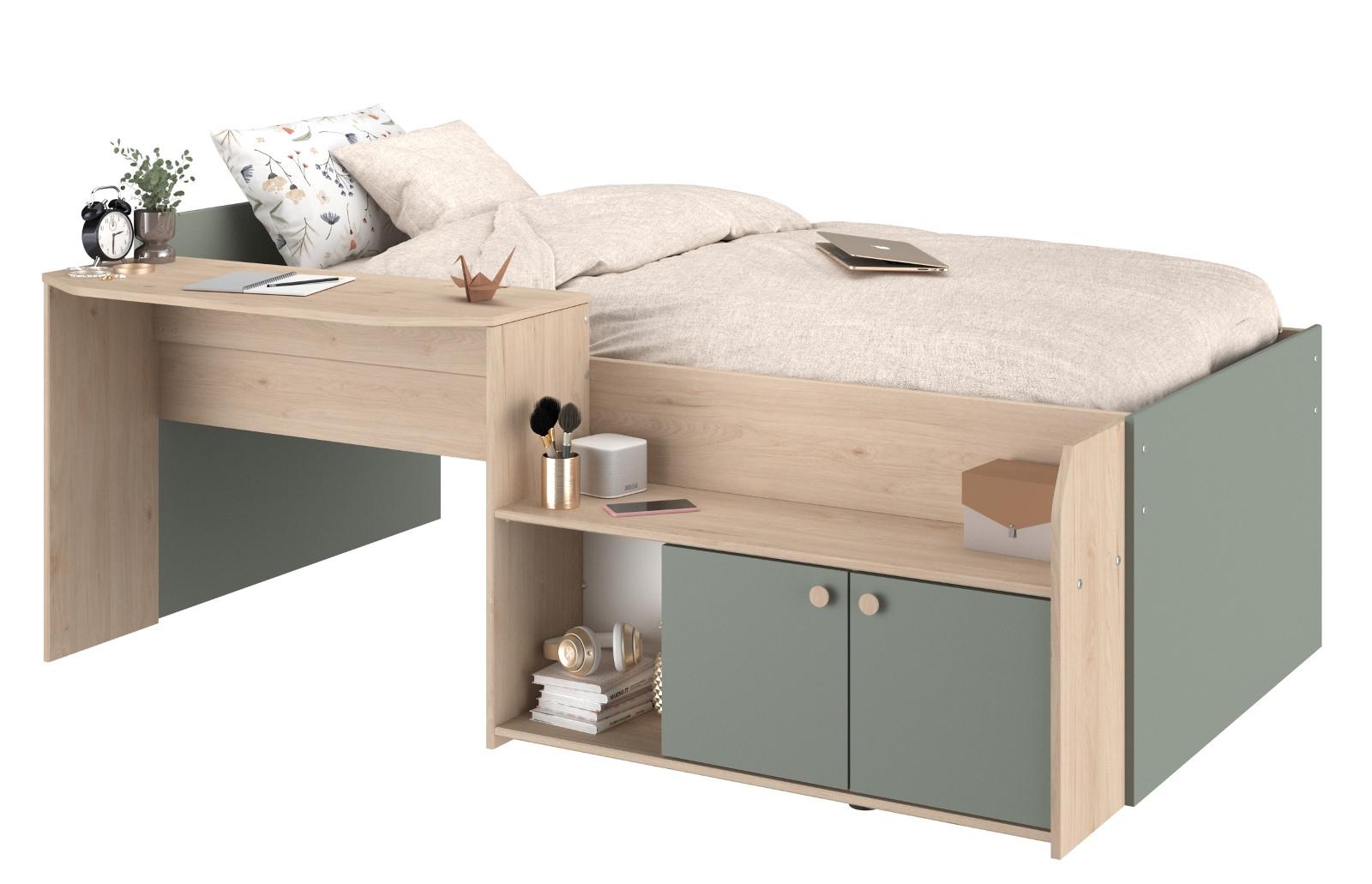 HOCHBETT Eiche, Salbei Grün, Stauraum-Bett für Kinder- und Jugendzimmer, 90 x 200 - Salbeigrün/Eichefarben, Holzwerkstoff (90/200cm) - Parisot Meuble