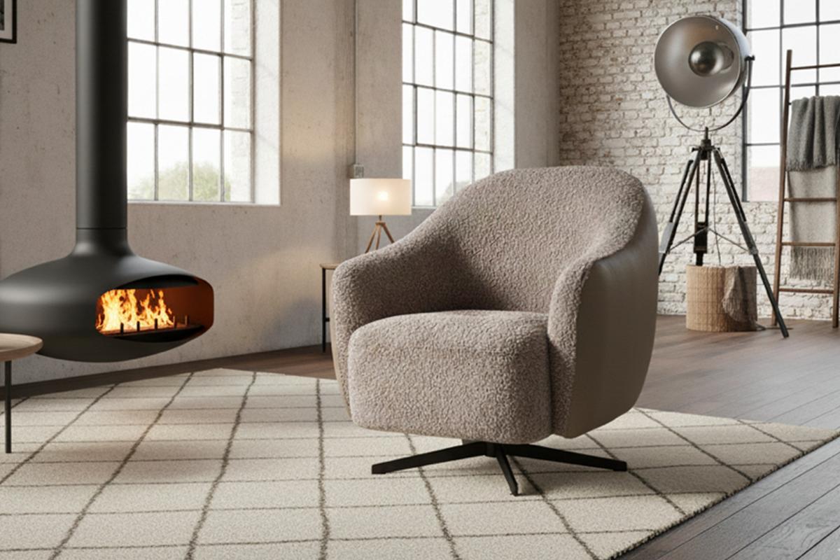 DREHSESSEL BRITTO Taupe Bouclé, Kunstleder Drehbar (360°) - Taupe/Schwarz, Textil/Metall (81/85/83cm) - KAWOLA
