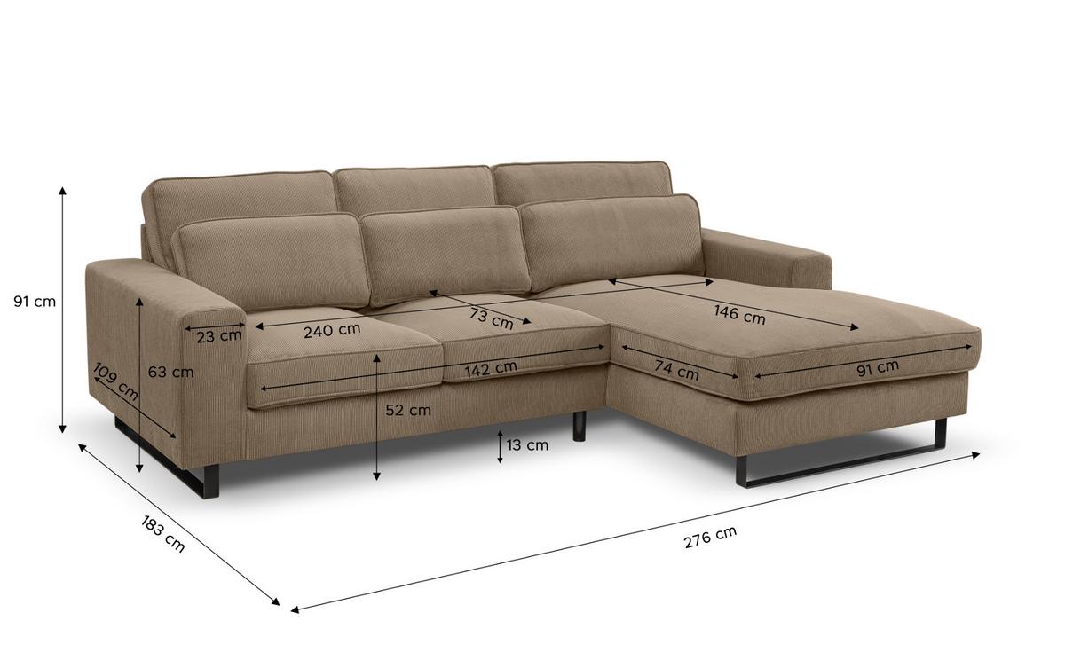 SOFA braun Cord 276 cm, Ecksofa 4-Sitzer, L-Sofa Ottomane rechts - Schwarz/Braun, Holz/Textil (276/183cm) - Inn.Furn