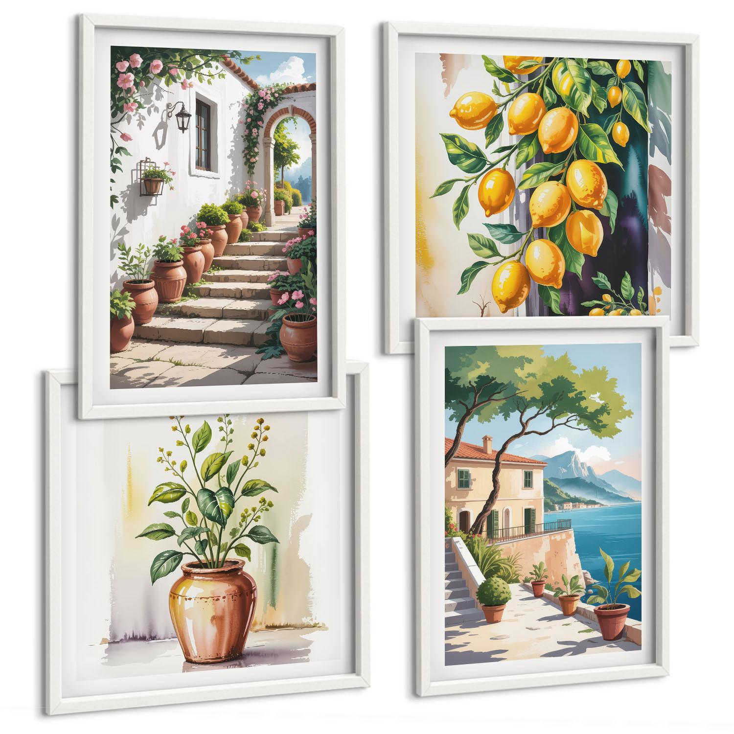 BILDER SET 4er Set - 50x50 cm & 40x60 cm Weißer Rahmen - Zitronenblüten am Meer - Weiß, Kunststoff (50/50cm) - TULUP