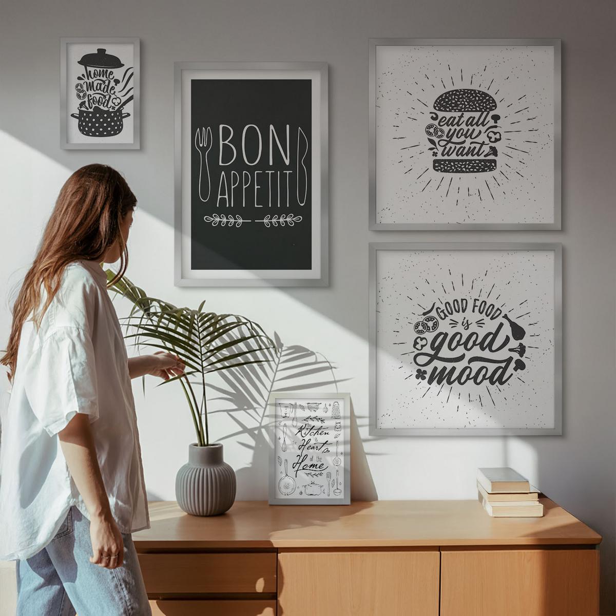 BILDER SET 5er Set - 50x50 cm & 20x30 cm & 40x60 cm Silberner Rahmen - Grafiken, Lebensmittel, kulinarische Slogans - Silberfarben, Kunststoff (40/60cm) - TULUP