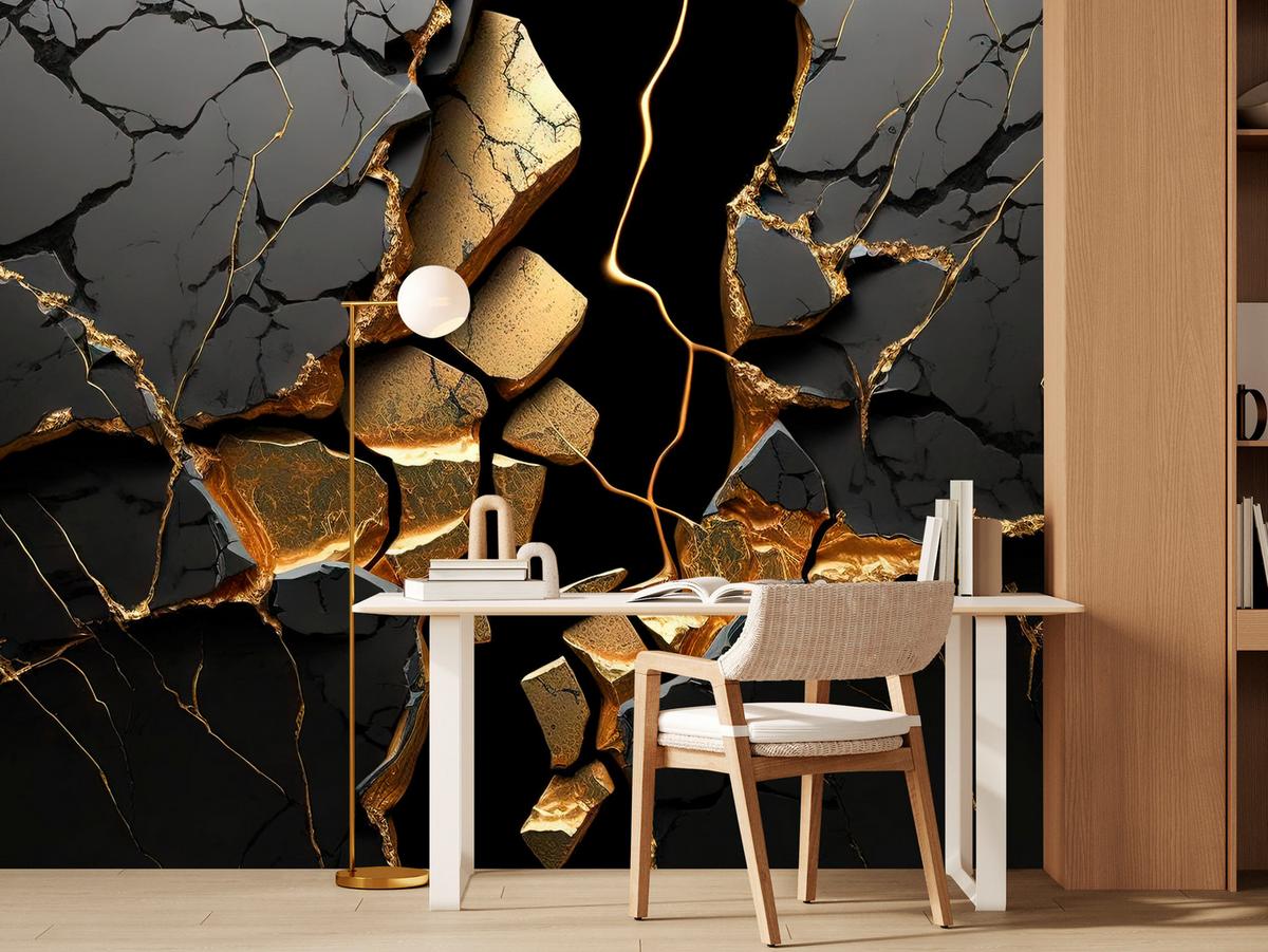 FOTOTAPETE für Wohnzimmer Schwarzer Abstrakter Marmor Gold Risse Wand 300x210 - Schwarz, Papier (300/210cm) - Muralo