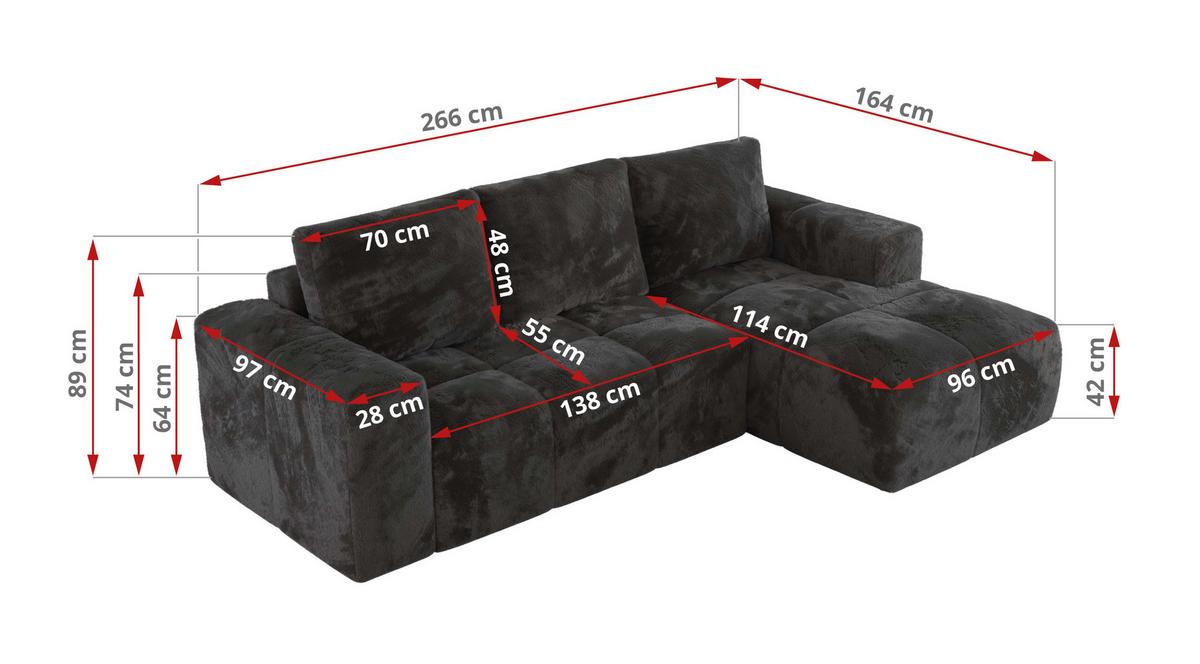 ECKSOFA MONIVA Dunkelgrau Plüsch - Rechts - Dunkelgrau/Schwarz, Textil (266/164cm) - MKS