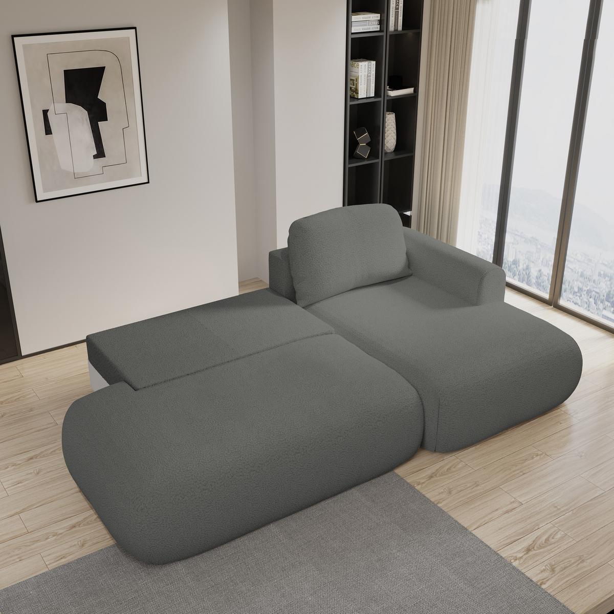 ECKSOFA NUVIRA R-S Grau Boucle-Stoff mit Schlaffunktion - Grau, Holz (279/158cm) - MASSENO
