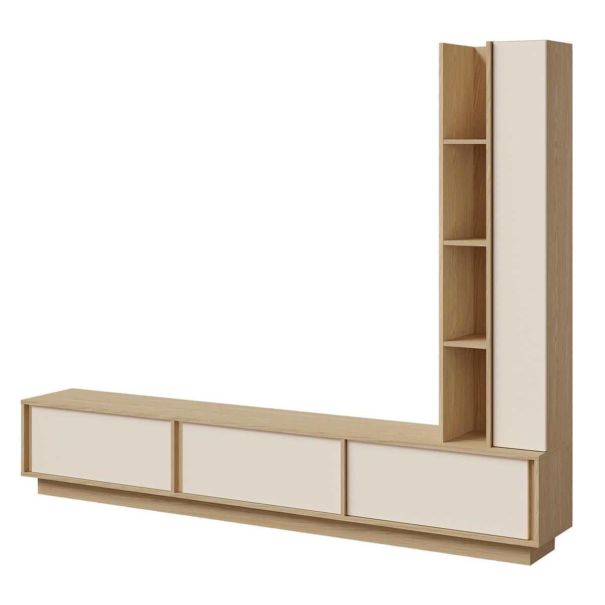WOHNWAND Vero 2-teilig Wohnzimmer-Set mit TV-Lowboard und Hochschrank, Frühlingseiche + Macadamia - Kaschmir/Eichefarben, Holzwerkstoff (230/185/35cm) - Beautysofa