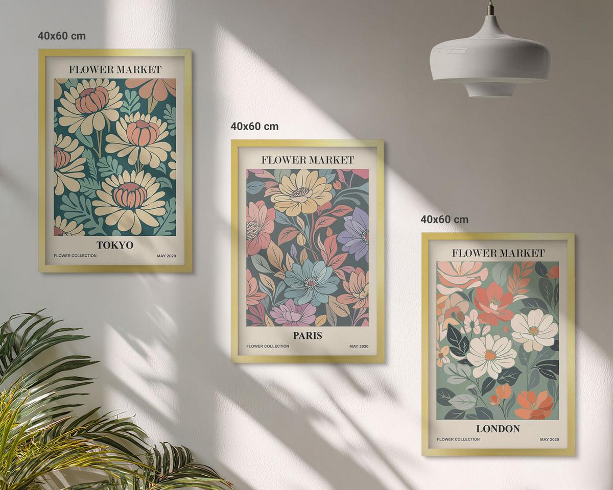 BILDER SET 3er Set - 40x60 cm Goldrahmen - Blumenposter Tokio Paris London - Goldfarben, Kunststoff (40/60cm) - TULUP