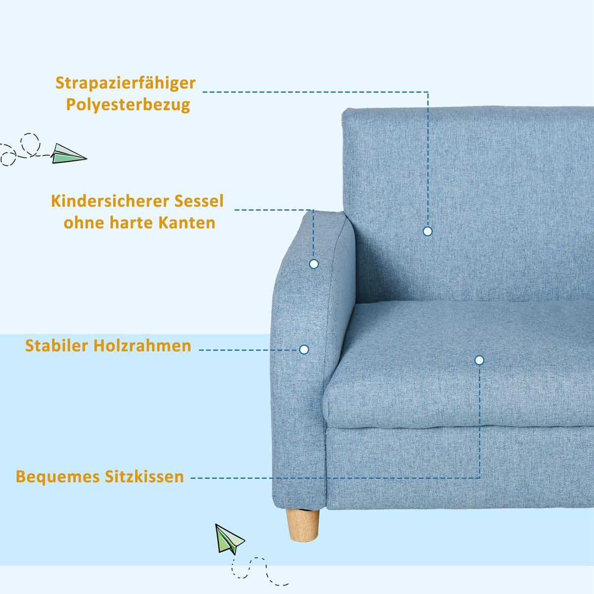 KINDERSOFA Kindersessel mit dickem Schaumstoff Sitzkissen Leinen Blau - Blau, Holz (45/44.5/49cm) - HOMCOM