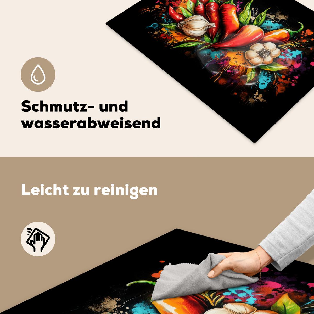 HERDABDECKPLATTE Gemüse - Paprika - Knoblauch - Graffiti - Farbe - Bunt Herdabdeckung Induktionsfeld 70x52 cm - Rot, Kunststoff (70/52/0.2cm) - MuchoWow