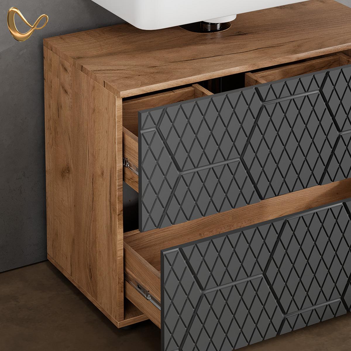 WASCHBECKENUNTERSCHRANK Ronco Anthrazit mit Wabenstruktur 80 x 58.6 cm mit 2 Schubladen - Anthrazit, Holzwerkstoff (80/58.6/41cm) - Livinity®