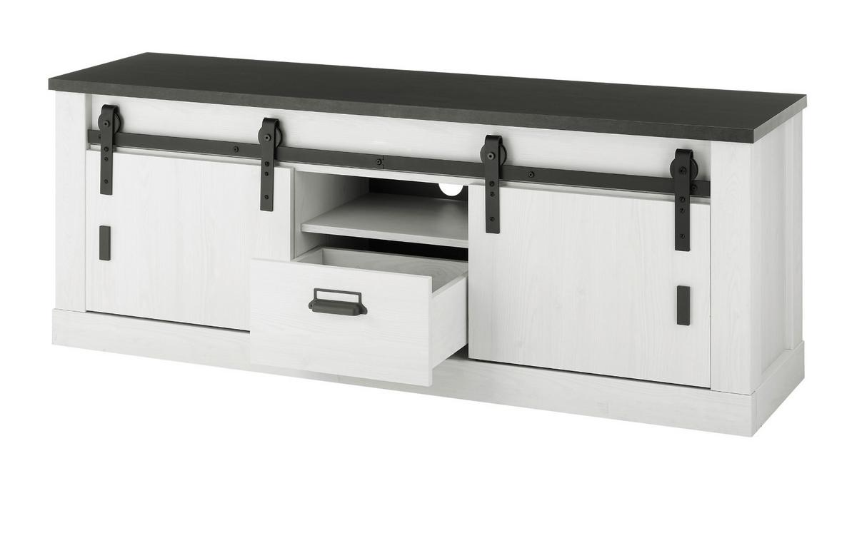 TV-LOWBOARD weiß Pinie, anthrazit, Landhaus, TV Unterteil Komforthöhe 162 x 61 cm - Anthrazit/Weiß, Holzwerkstoff/Metall (162/61/43cm) - Furn.Design