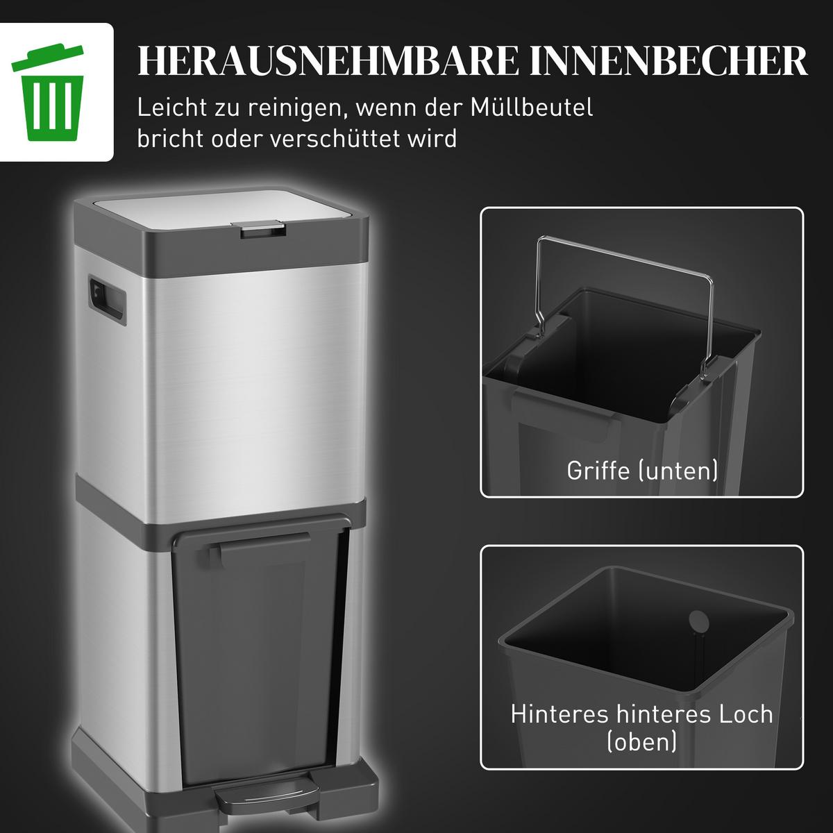 MÜLLEIMER Edelstahl Kunststoff Silber - Silberfarben, Metall (31.5/78/32.5cm) - HOMCOM