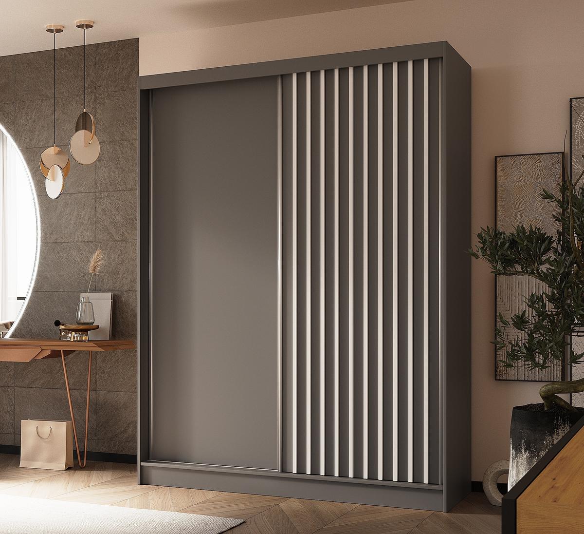 SCHWEBETÜRENSCHRANK Cabinio Grau Weiß 160/216/61 cm – Modern, mit Lamellen - Weiß/Grau, Holzwerkstoff/Kunststoff (160/216.1/61cm) - AX Living