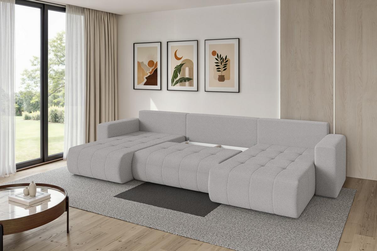 WOHNLANDSCHAFT mit Schlaffunktion und Bettkasten MILA-U 378x194x86 Hellgrau Bouclé - Silberfarben/Hellgrau, Holzwerkstoff/Kunststoff (378/86/194cm) - ALTDECOR