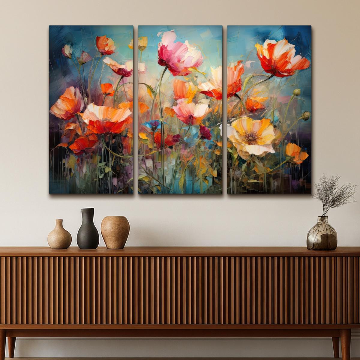 LEINWANDBILD 3er Set Blumen - Bunt - Abstrakt 180x120 cm - Blaugrau, Textil (180/120cm) - MuchoWow