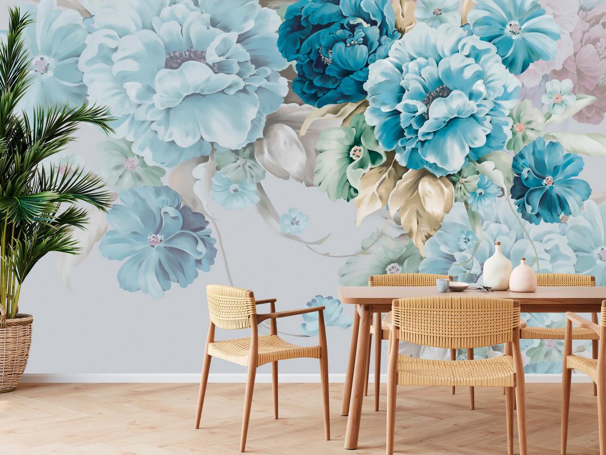 FOTOTAPETE für Schlafzimmer Blaue Pfingstrosen Zart Blumen Boho 100x70 - Blau/Gelb, Papier (100/70cm) - Muralo