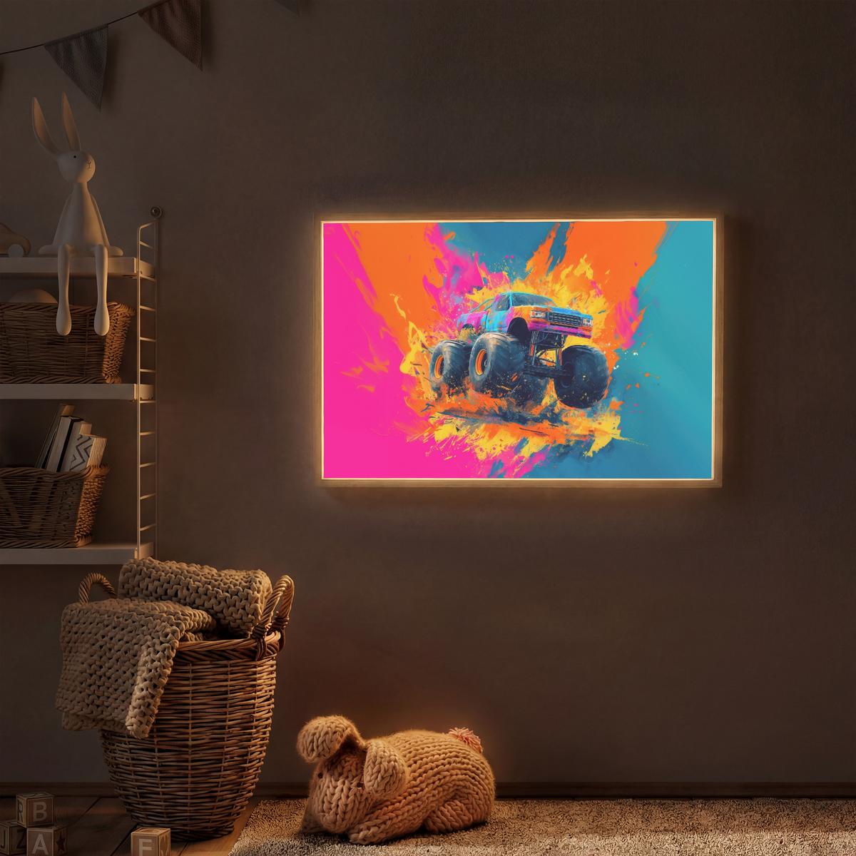 WANDLEUCHTE MIT AKKU Monstertruck - Abstrakt - Farbspritzer - Farbenfroh 90x60 cm - Pink, Holzwerkstoff (90/60/8cm) - OnlyWow