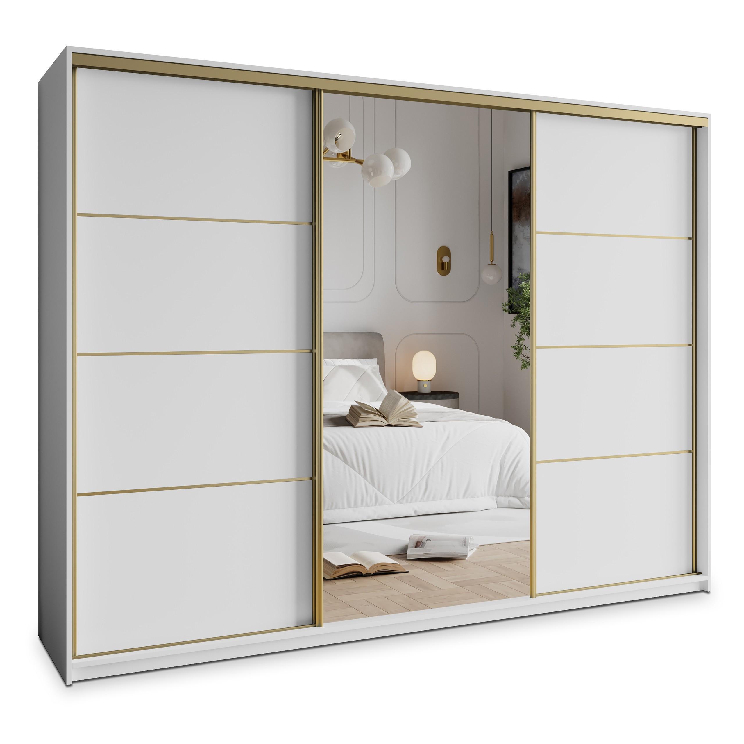 SCHWEBETÜRENSCHRANK VARO 270/205/60 cm 3-türig mit Spiegel Weiß - Weiß, Holzwerkstoff (270/205/60cm) - MASSENO