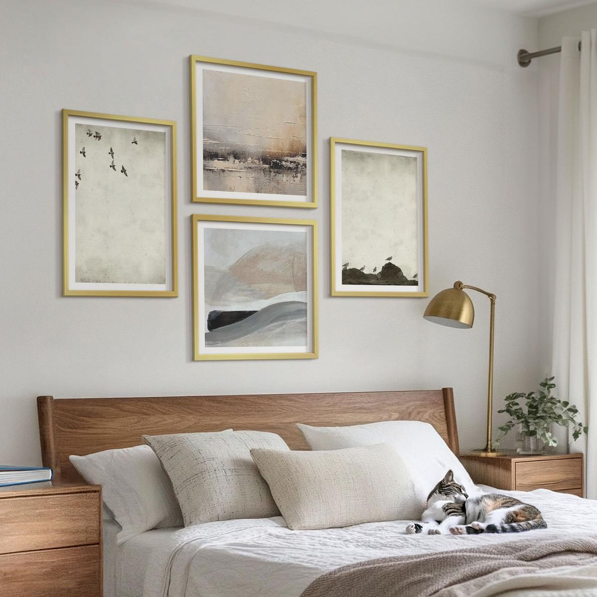 BILDER SET 4er Set - 50x50 cm & 40x60 cm Goldrahmen - Vögel, Steine, Pinselstriche, Verzierungen - Goldfarben, Kunststoff (50/50cm) - TULUP