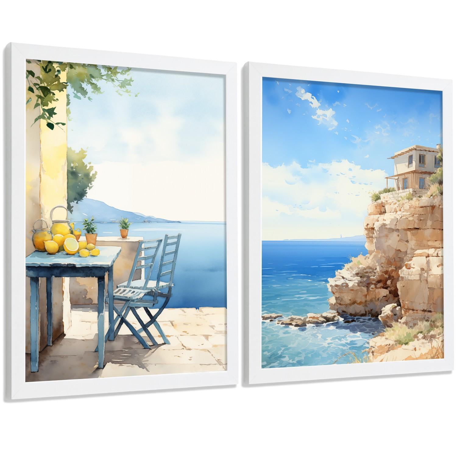 POSTER 3er Bilder-Set Wandbilder Strand Meer modern ohne Rahmen – Wohnzimmer Deko, Schlafzimmer, Küche, Badezimmer Weißer Rahmen A4 - Weiß, Papier (29.7/1/21cm) - Nacnic