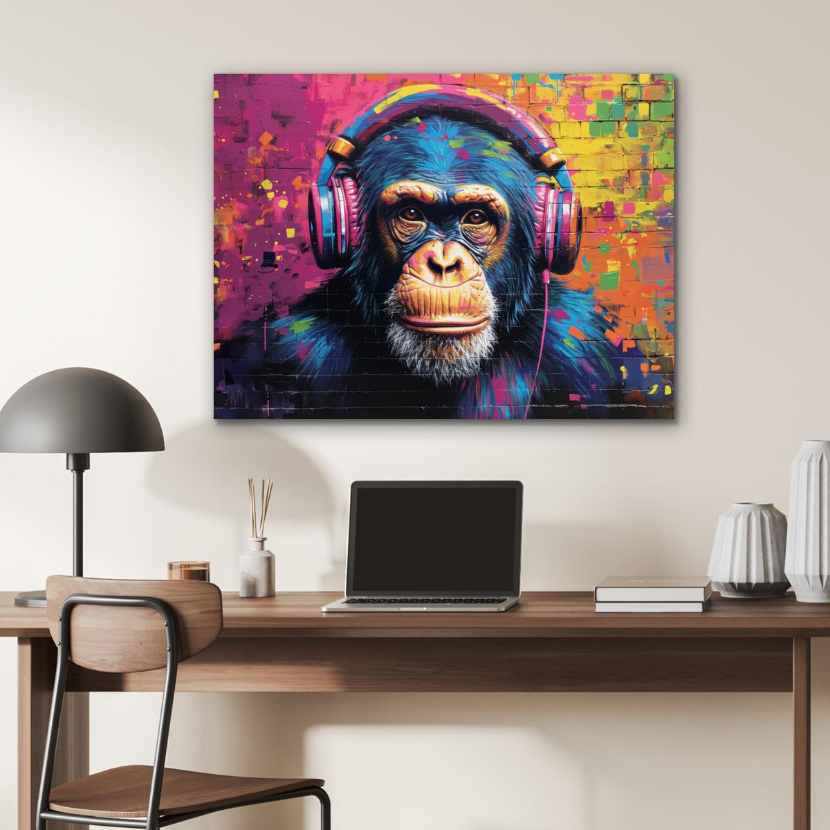 METALLBILD Graffiti - Schimpanse - Straßenkunst - Kopfhörer - Affe 80x60 cm - Blau, Metall (80/60cm) - MuchoWow